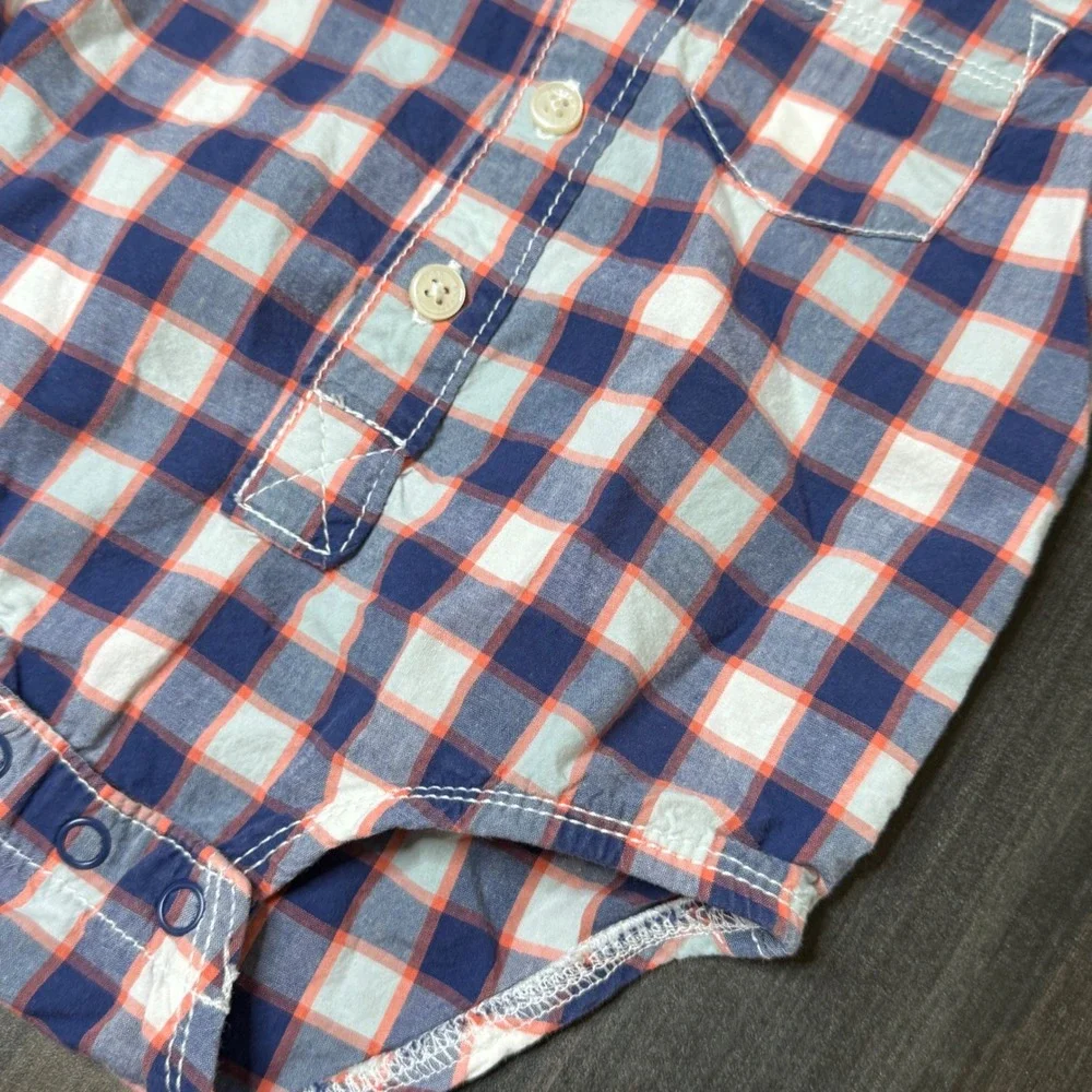 OshKosh Plaid Button Down Bodysuit Orange Blue‎ Checkered 12M